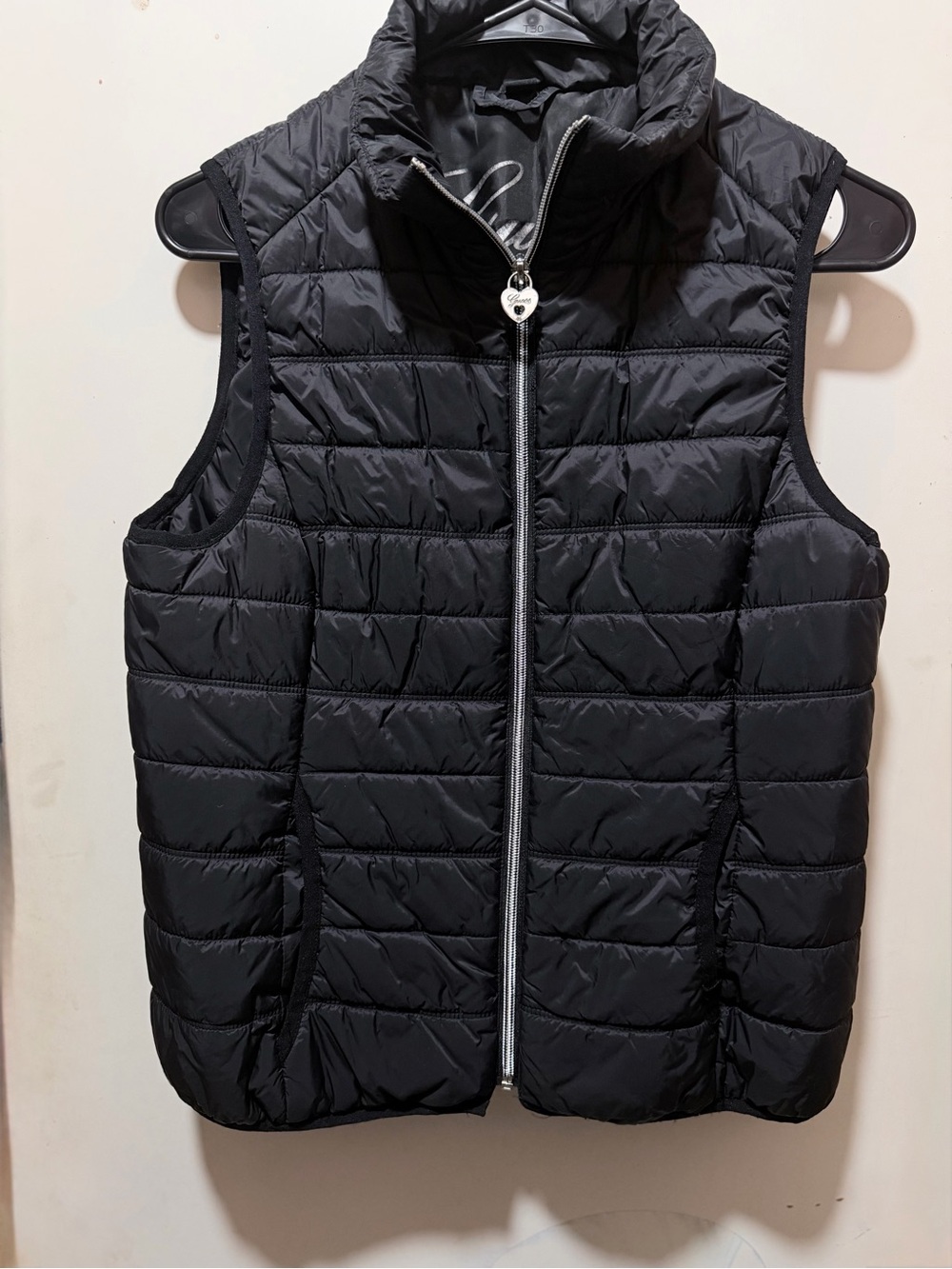 Guess Black Quilted Puffer Vest with Heart Zip Pull - Women
